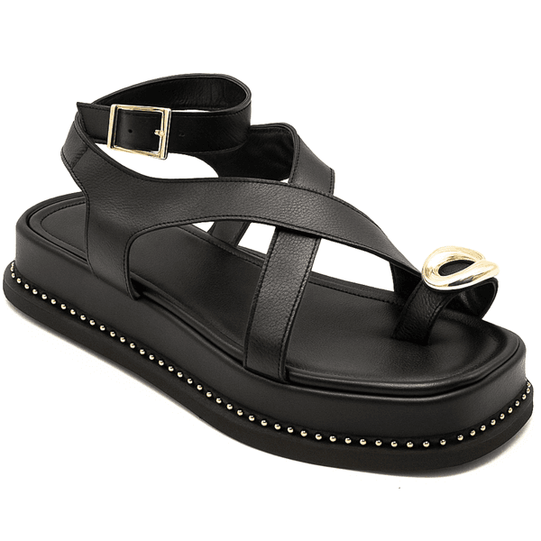 Sandália Flatform Feminina Papete Flor da Pele Tiras Fivela 23403 Floter Preto