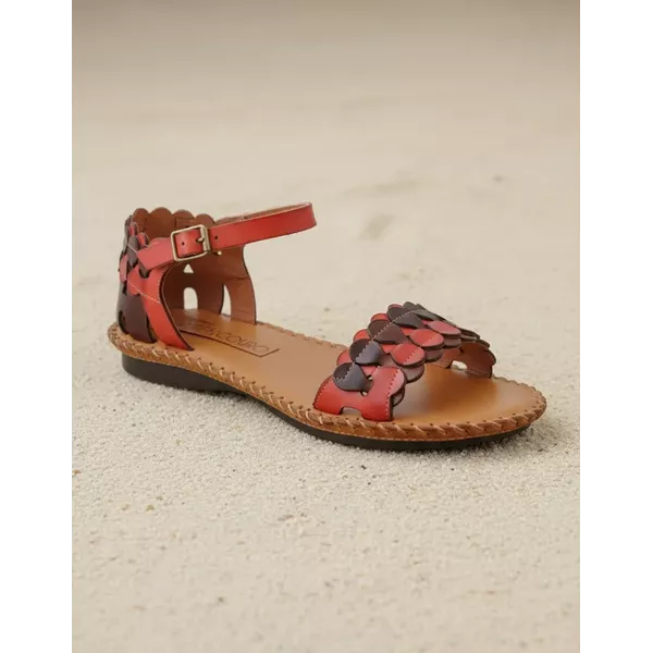 Sandália Rasteira em Couro Café Vermelho