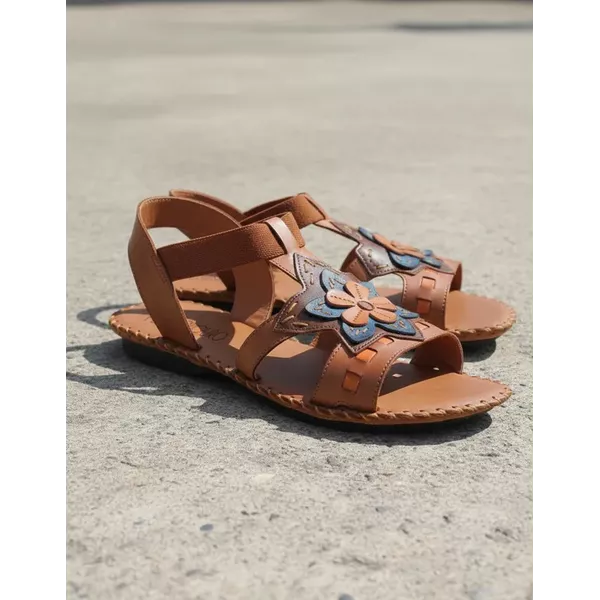 Sandália Rasteira em Couro Whisky Laranja Azul