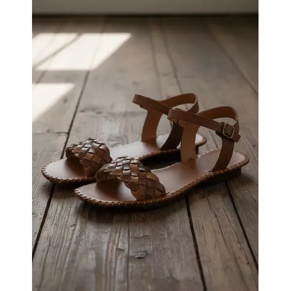 Sandália Rasteira em Couro Conhaque Café