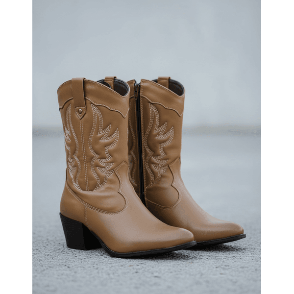 Bota Feminina Western Couro Legítimo Avelã Salto Bloco Texana 8805