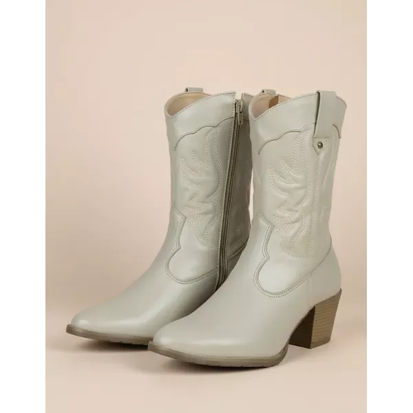 Bota Feminina Western Couro Legítimo Off-White Salto Bloco Texana 8805