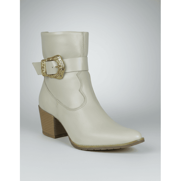 Bota Feminina Western Couro Legítimo Off-White Salto Bloco 8808