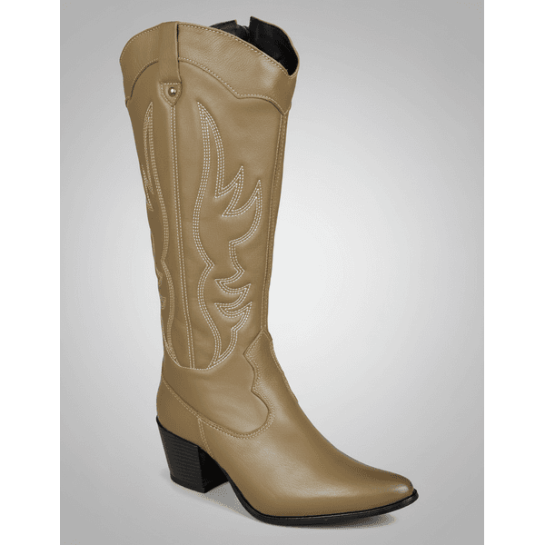 Bota Longa Feminina Western Couro Legítimo Avelã Salto Bloco Texana 8810