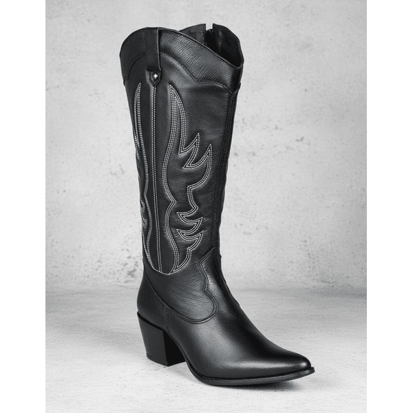 Bota Longa Feminina Western Couro Legítimo Preto Salto Bloco Texana 8810
