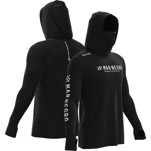 Camisa de Pesca Mar Negro X-Protection 360 -Preta Com Capuz, Buffer de Proteção e Filtro UV FPS50+ 