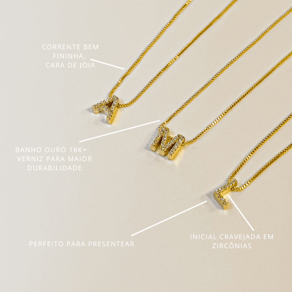 Colar Inicial Cravejada (B, D, E, F, G, H, I, J, K... - FOLIATE