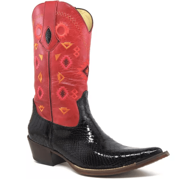 Bota Texana Masculina Couro Anaconda Verniz Preto e Fossil Vermelho