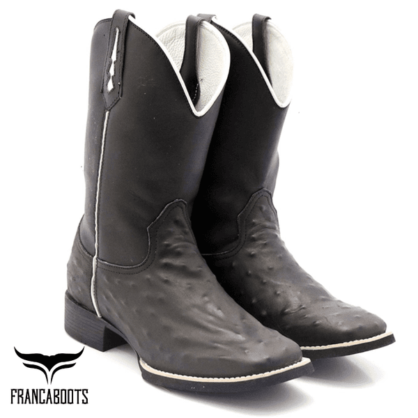 BOTA TEXANA FRANCA BOOTS REPLICA DO COURO AVESTRUZ PRETA LISA - FRANCA BOOTS