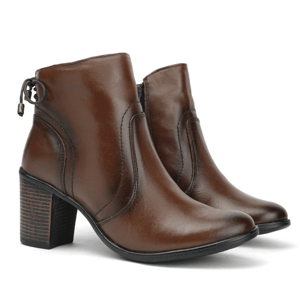 Bota Couro Feminina Amarração Calcanhar Marrom Pinhão