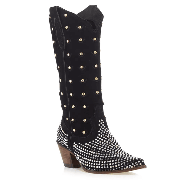 BOTA TEXANA FEMININA COURO NOBUCK PRETO COM DETALHES STRASS E HOTIFIX 35 - SILVERADO BOTAS