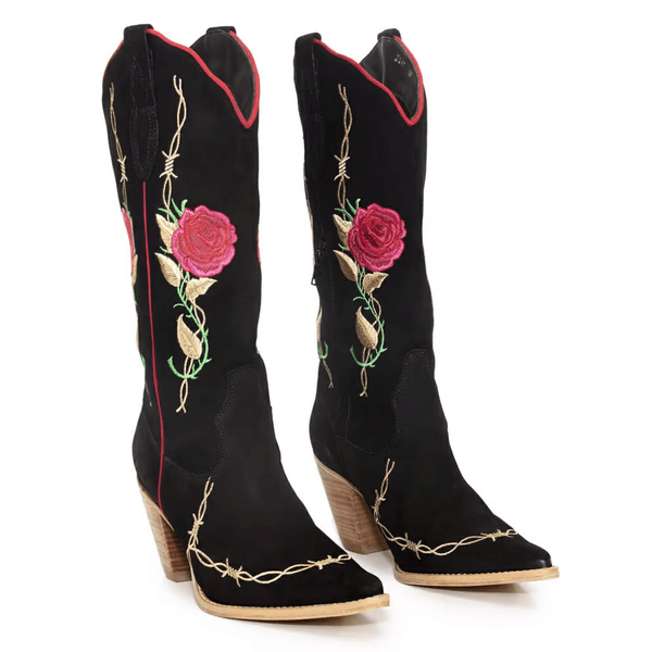 Bota Texana Feminina Couro Nobuck Preto Com Bordado Rosas E Arame