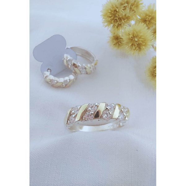 Kit Anel + Brinco Argola Prata 925 Aplique Ouro E Zircônias