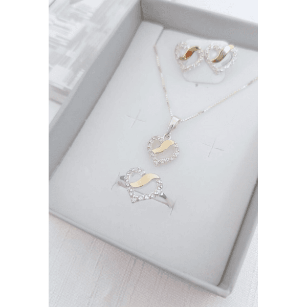 Kit Anel Brinco Pingente Coração Prata 925 Aplique De Ouro 