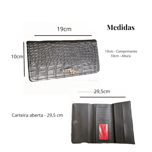 Kit 3 Peças Bolsa Tote Media + Bolsa Transversal + Carteira Croco Preta - Gouveia Costa
