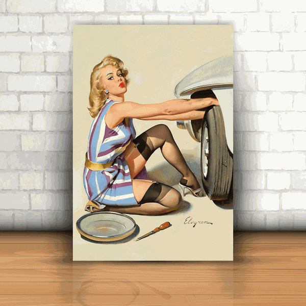 Placa Decorativa - Pin-up Trocando Pneu