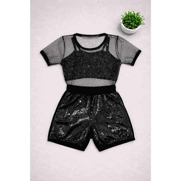 Conjunto Blusa Tule Com Glitter + Top e Short Paetê Bianca 