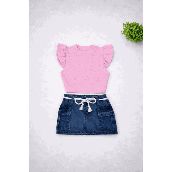 Conjunto Blusa Brilho+ Saia Cargo Jeans Alice