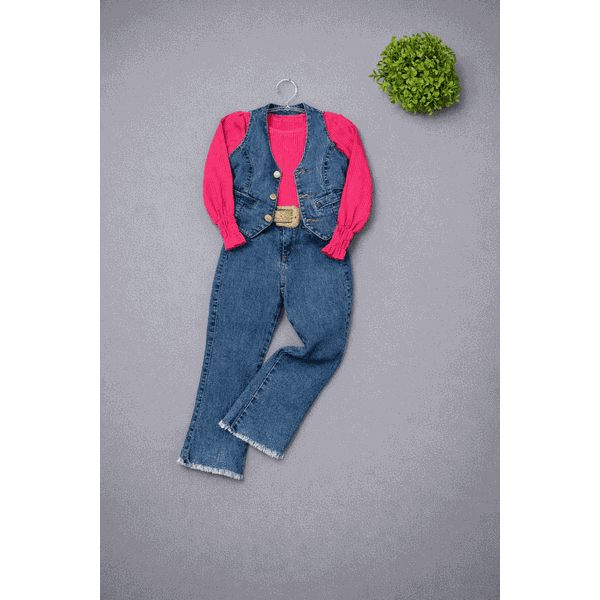 Conjunto 3 peças Blusa Lastex + colete + calça Flare Jeans Milena