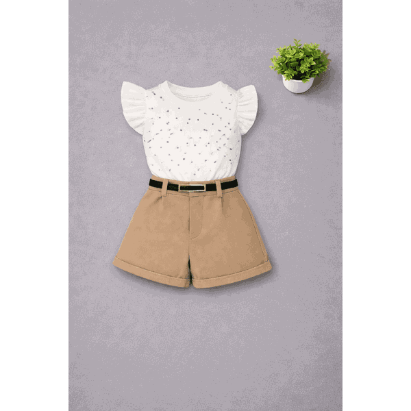 Conjunto Blusa De Brilho +Short Alfaiataria Com Cinto Bege