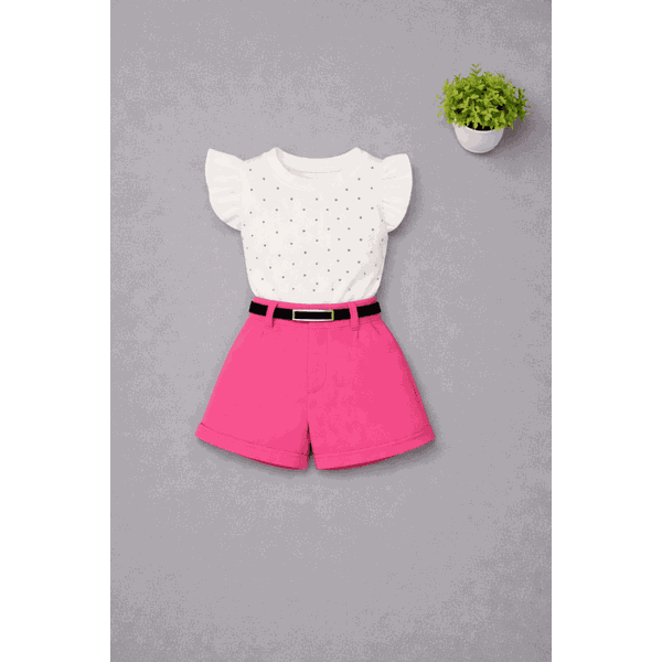 Conjunto Blusa de Brilho + Short Alfaiataria com Cinto Rosa