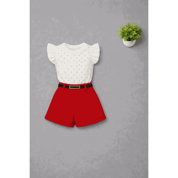 Conjunto Blusa De Brilho + Short Alfaiataria Com Cinto Vermelho 