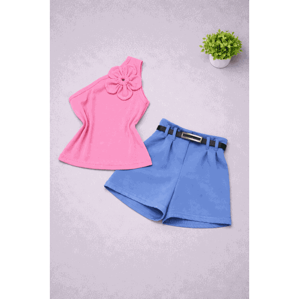 Conjunto Blusa Flor Rosa + Short Azul Bela 