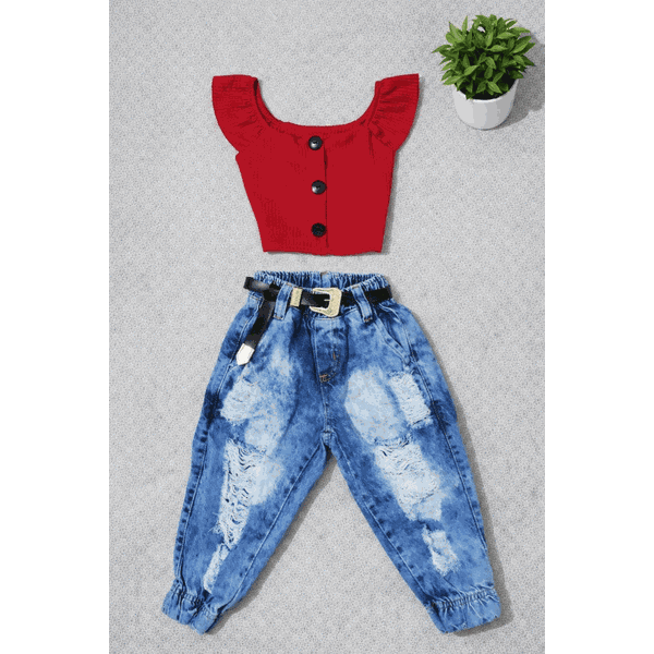 Conjunto Cropped Botões + Calça Jogger Jeans Liz 