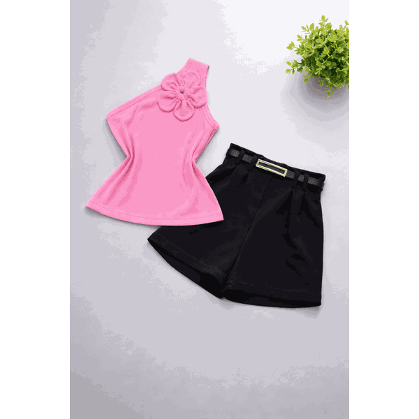 Conjunto Blusa Flor Rosa + Short Preto Bela 