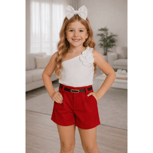 Conjunto blusa de flor+ short alfaiataria vermelho