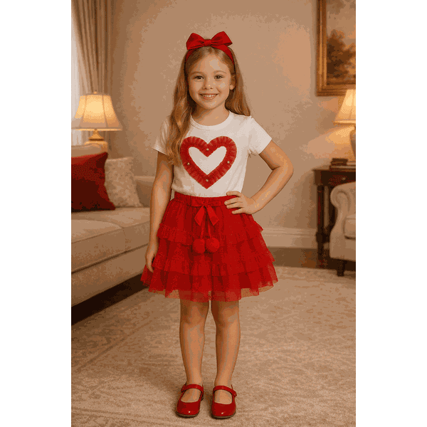 Conjunto Tule Coração Vermelho 