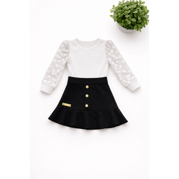 Conjunto Blusa Bufante Longa Branca + Saia Suede Preto Rebeca 