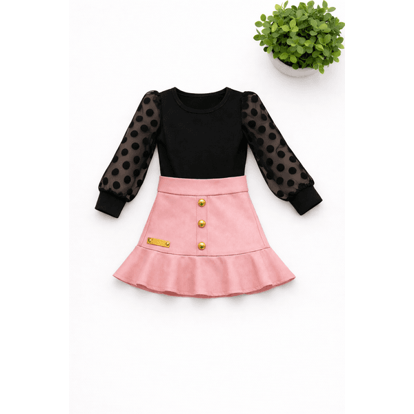 Conjunto Blusa Bufante Longa Preto + Saia Suede Rosa Isis 