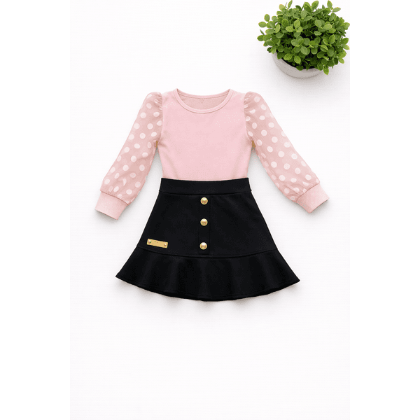 Conjunto Blusa Bufante Longa Rosa + Saia Suede preto Rebeca 