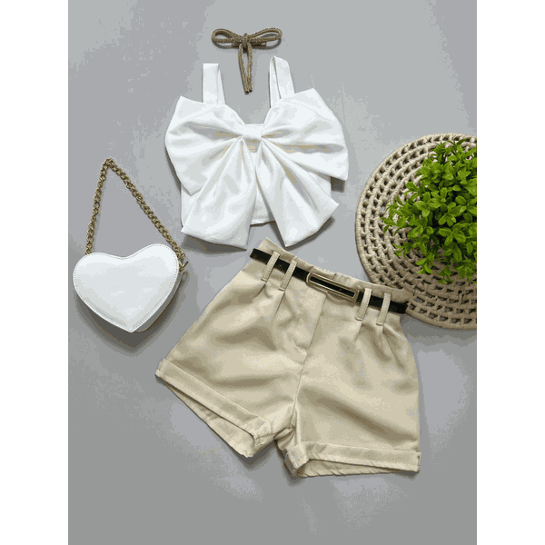 Conjunto Cropped Laço + Short Bege
