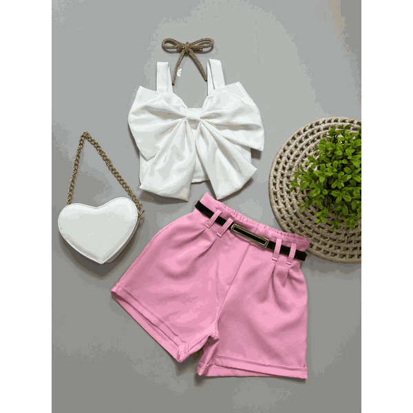 Conjunto Cropped Laço + Short Rosa