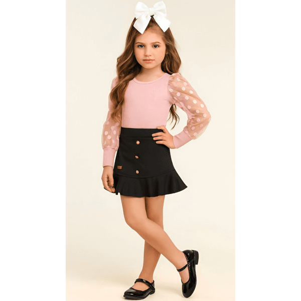 Conjunto Blusa Bufante Longa Rosa + Saia Suede preto Rebeca 