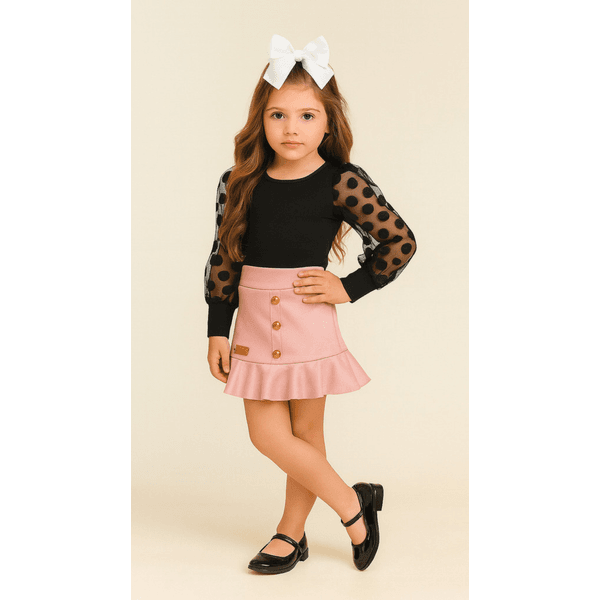 Conjunto Blusa Bufante Longa Preto + Saia Suede Rosa Isis 