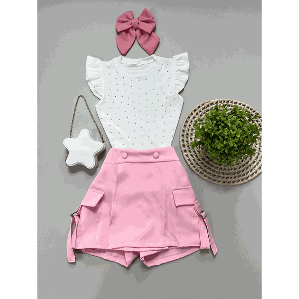 Conjunto Blusa Brilho Branco + Short Saia Cargo Rosa Ana 