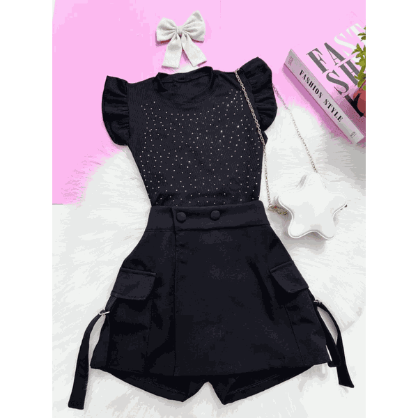 Conjunto Blusa Brilho Preto + Short Saia Cargo Preto Ana 