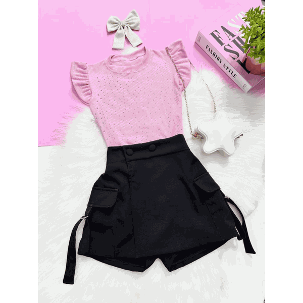 Conjunto Blusa Brilho Rosa + Short Saia Cargo Preto Ana 