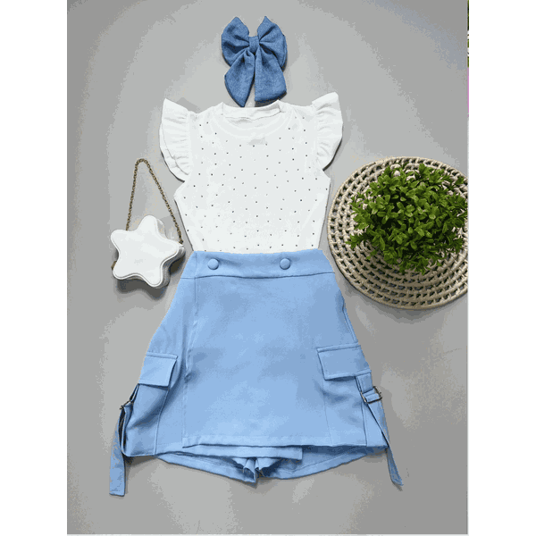 Conjunto Blusa Brilho Branco + Short Saia Cargo Azul Ana 
