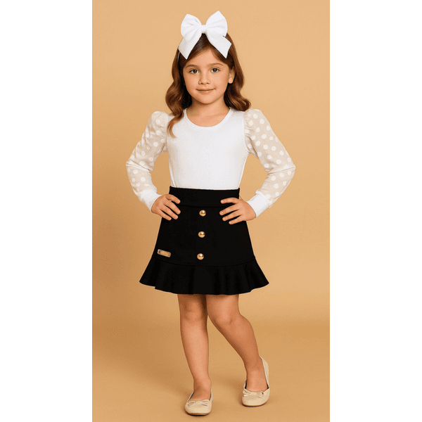 Conjunto Blusa Bufante Longa Branca + Saia Suede Preto Rebeca 