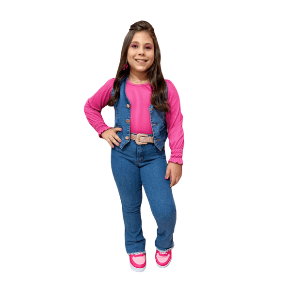 Conjunto 3 peças Blusa Lastex + colete + calça Flare Jeans Milena