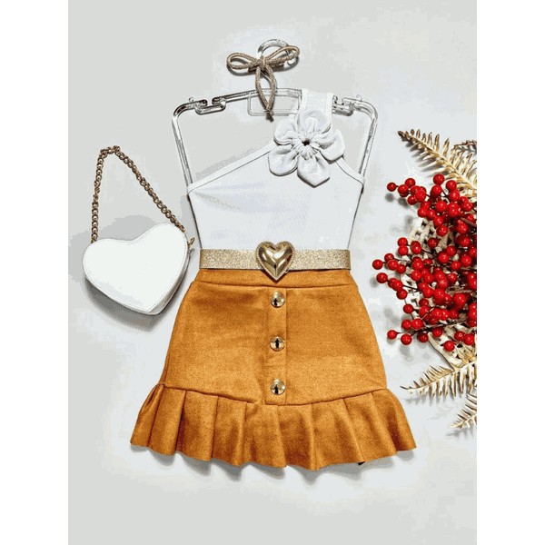 Conjunto Blusa Flor Branca + Saia Suede Júlia
