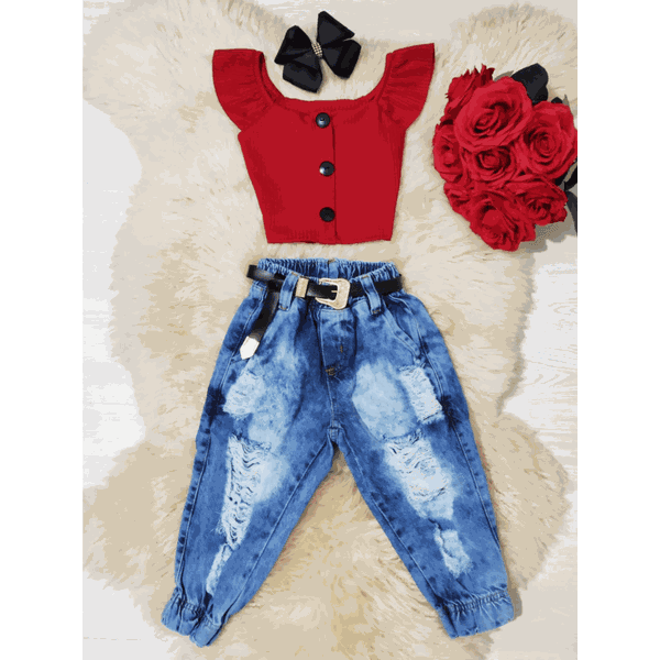 Conjunto Cropped Botões + Calça Jogger Jeans Liz 