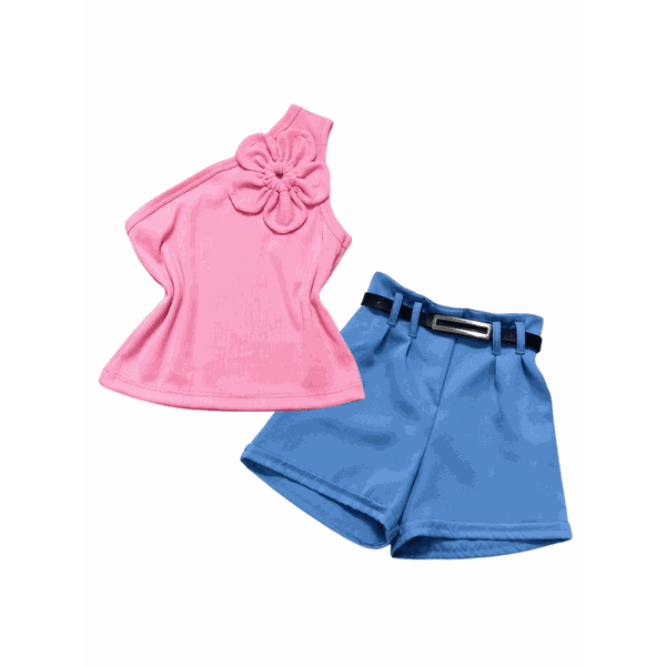Conjunto Blusa Flor Rosa + Short Azul Bela 