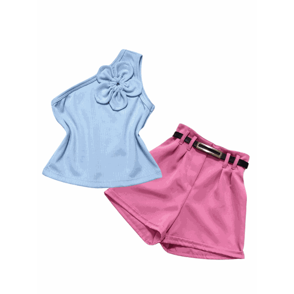 Conjunto Blusa Flor Azul+ Short Rosa Bela 