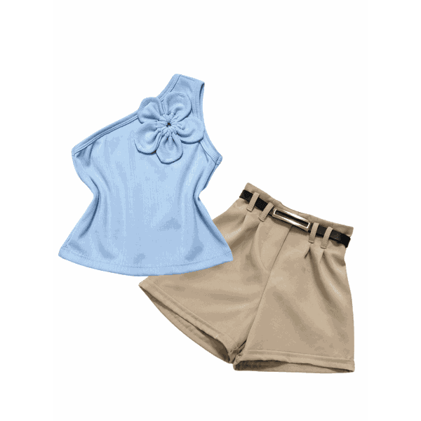 Conjunto Blusa Flor Azul+ Short Bege Bela 