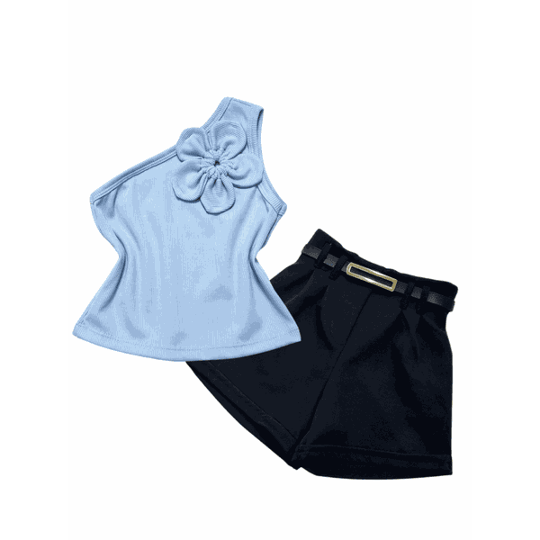 Conjunto Blusa Flor Azul+ Short Preto Bela 